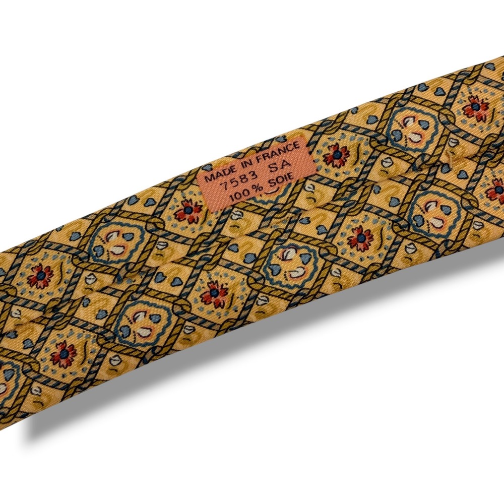 Hermes Tie Mens OS Yellow Blue Silk Geometric Rope Floral 7583 SA Made in France - Picture 3 of 5
